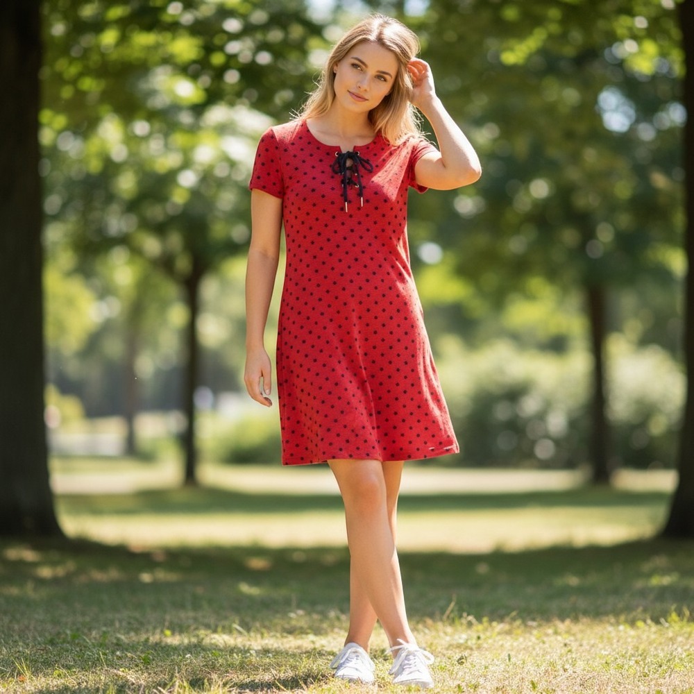 Tommy Hilfiger Womens Red Star‎ Print Lace Up Neck T-Shirt Dress Size M